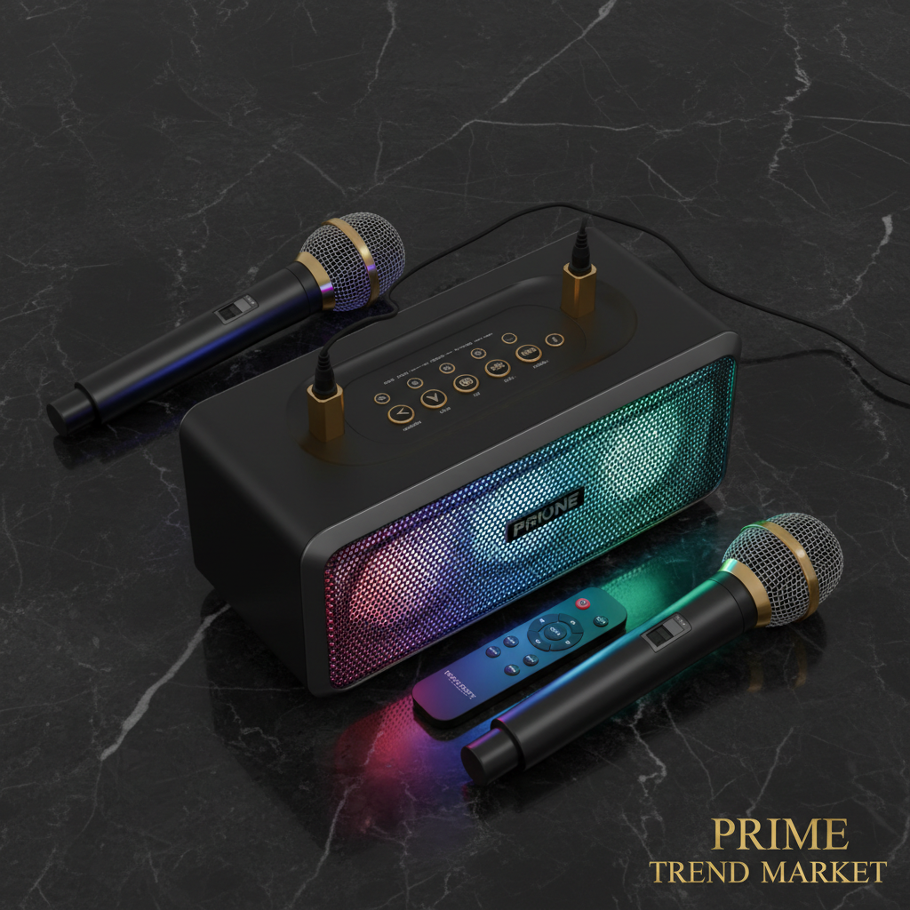 Wireless Party Speaker with 2 Microphones and Remote Control Flat Lay — Prime Trend Market
