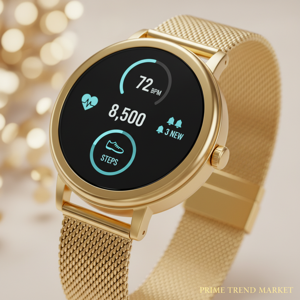 Close-up of KW10Pro women's smartwatch face showing health stats with gold mesh band