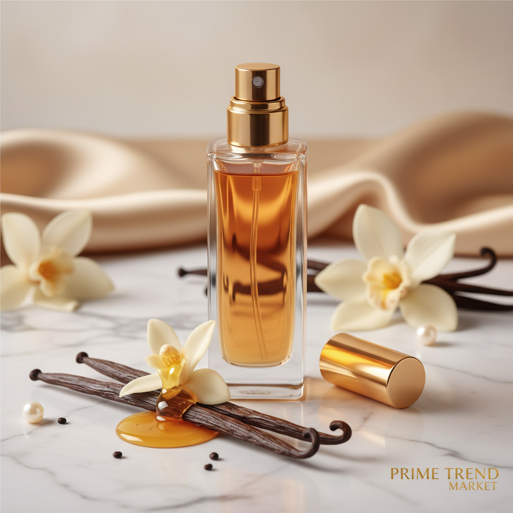 Vanilla Body Hair Fragrance Mist on white marble with vanilla pods and flowers - Prime Trend Market