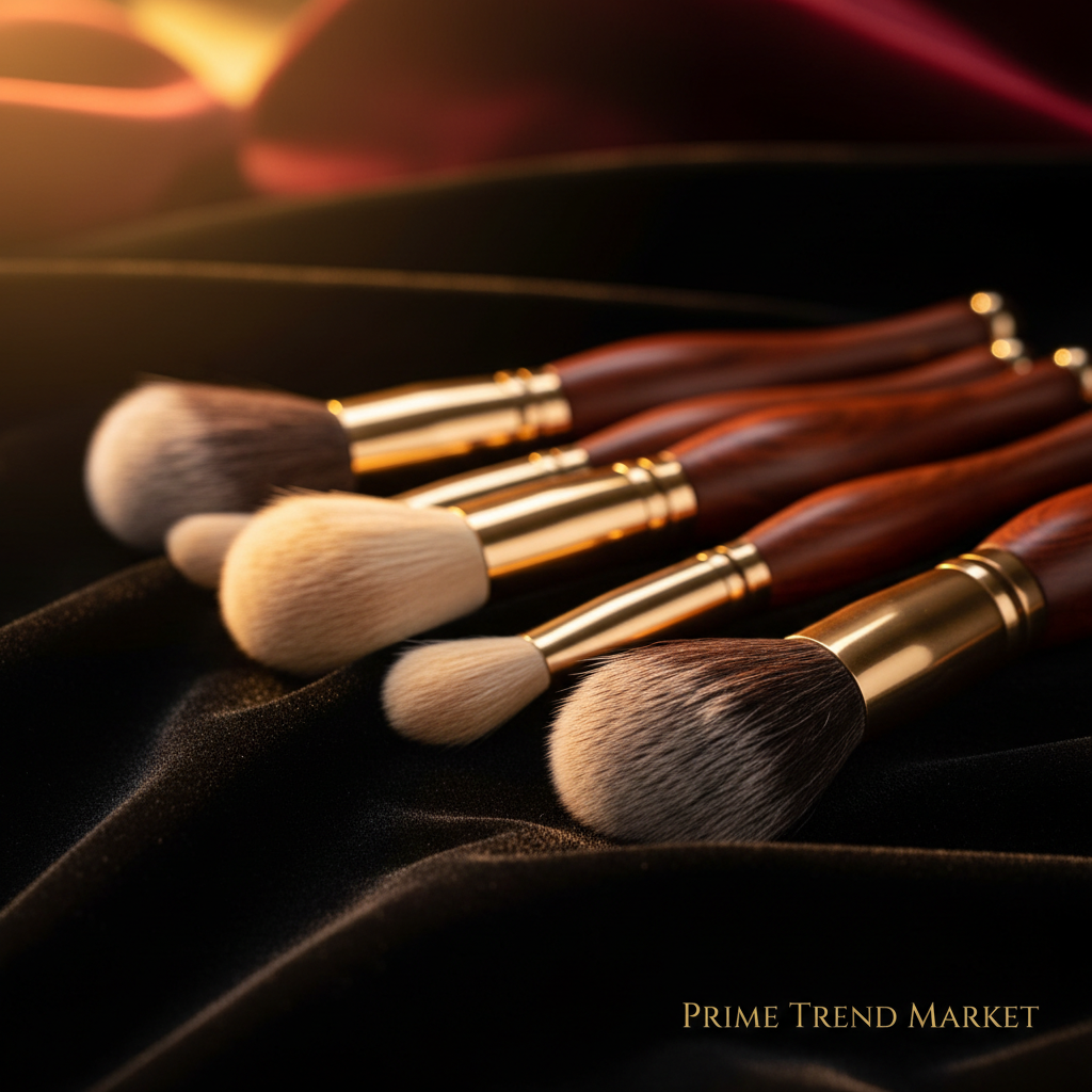 Close-up of premium natural bristle makeup brushes with wooden handles