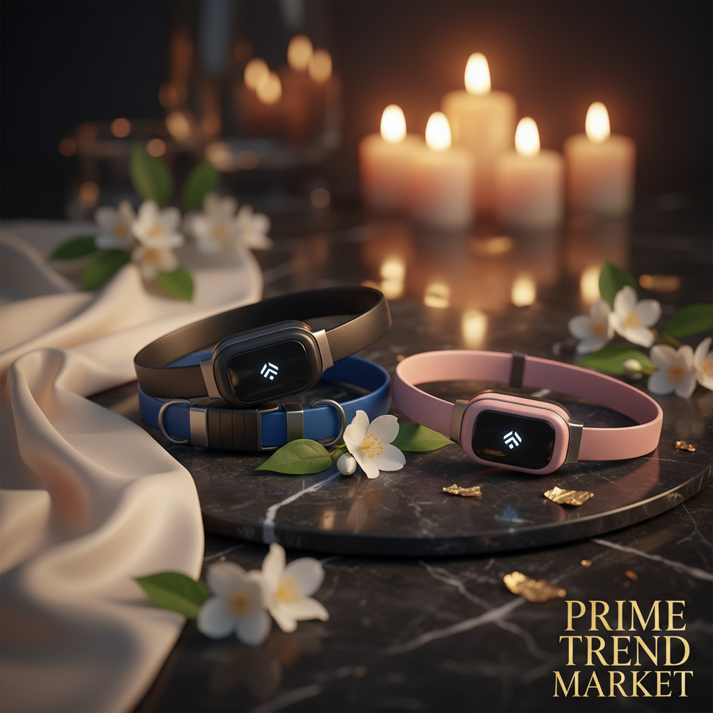 PawFind Anti-Loss FindMy Pet Collar all 3 colors black blue and pink hero shot on dark marble with jasmine and gold leaf