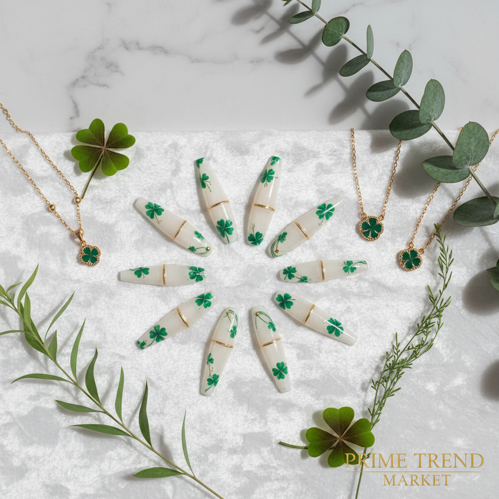 24pc clover nail art press-on nails on white velvet with botanicals and gold jewelry