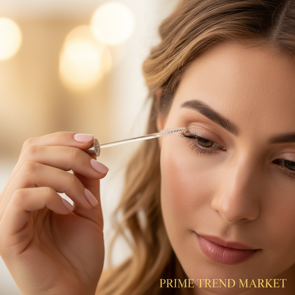 Woman applying eyelash growth serum fine wand brush lash root close-up beauty lifestyle