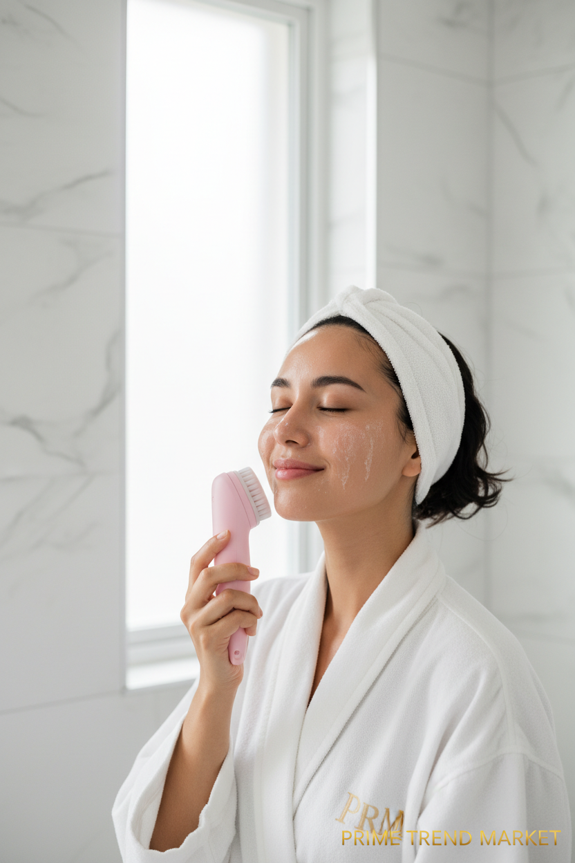 Woman using pink facial cleansing spin brush for deep pore cleansing with glowing skin — Prime Trend Market
