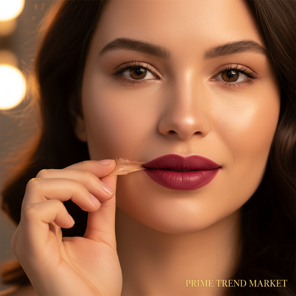 Woman peeling off dried lip liner film revealing perfect matte lip tattoo stain beauty lifestyle