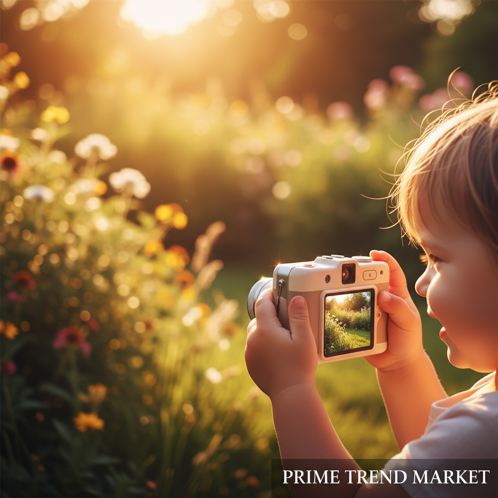 Child holding MiniShot camera in sunny garden