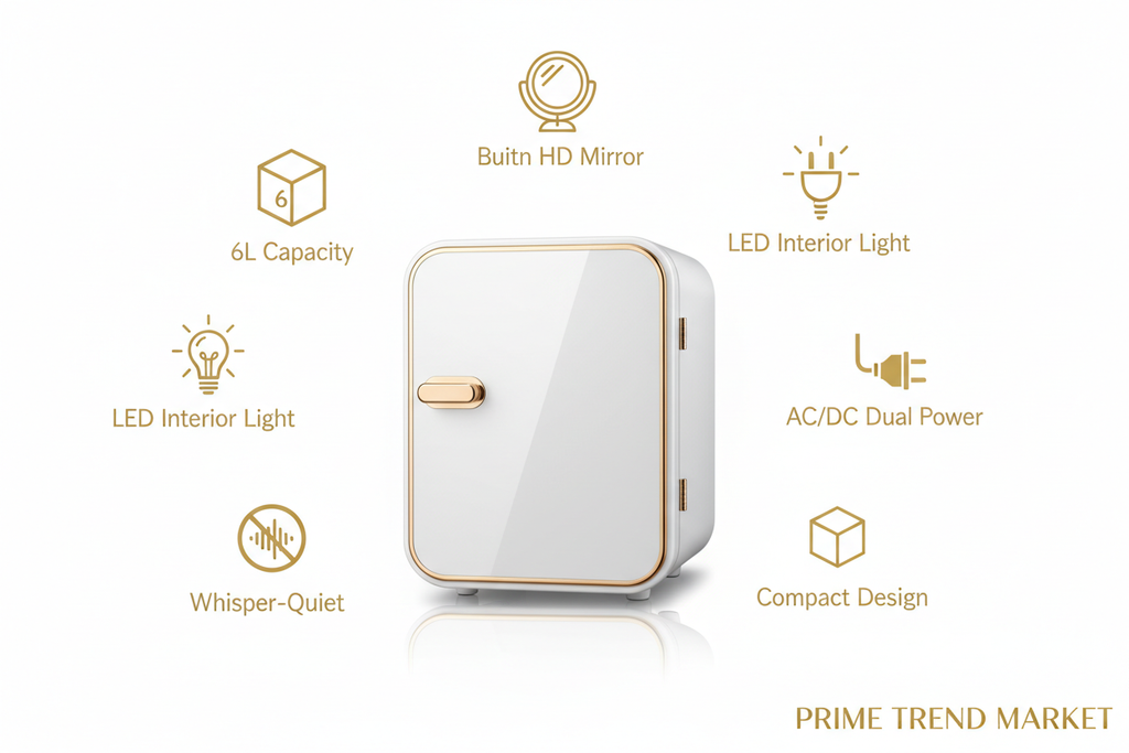 Vevor skincare fridge features: 6L capacity, HD mirror, LED light, AC/DC power, quiet operation — Prime Trend Market