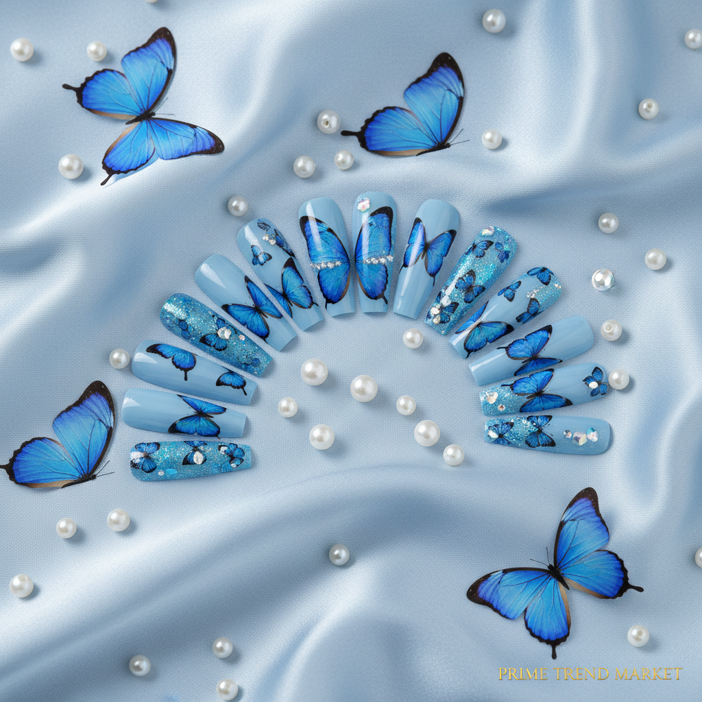 24pc blue butterfly nail art press-on nails fan display on light blue silk with butterfly wings and pearls