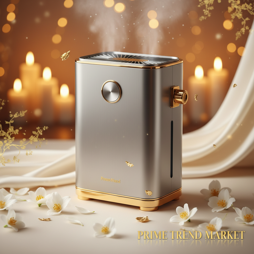 Silver gray air purifier on cream ivory surface with jasmine petals and gold accents - Prime Trend Market