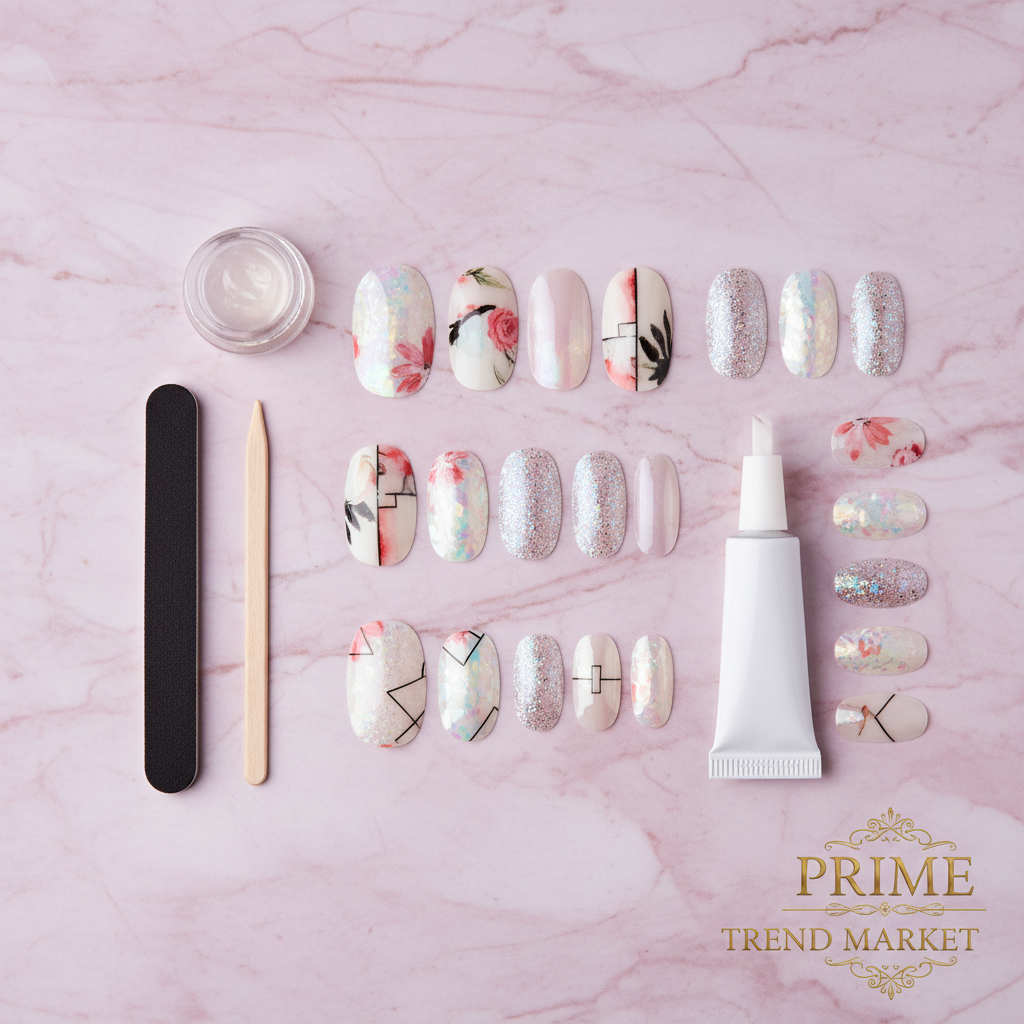 Complete nail patch kit flat lay on pink marble