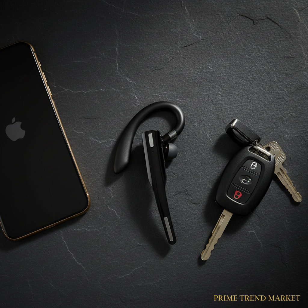 Flat lay of Bluetooth earpiece with phone and car keys — Prime Trend Market