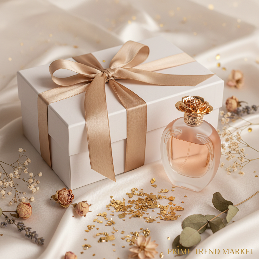 Dreamy Paris perfume gift wrapped with gold ribbon on luxury white box