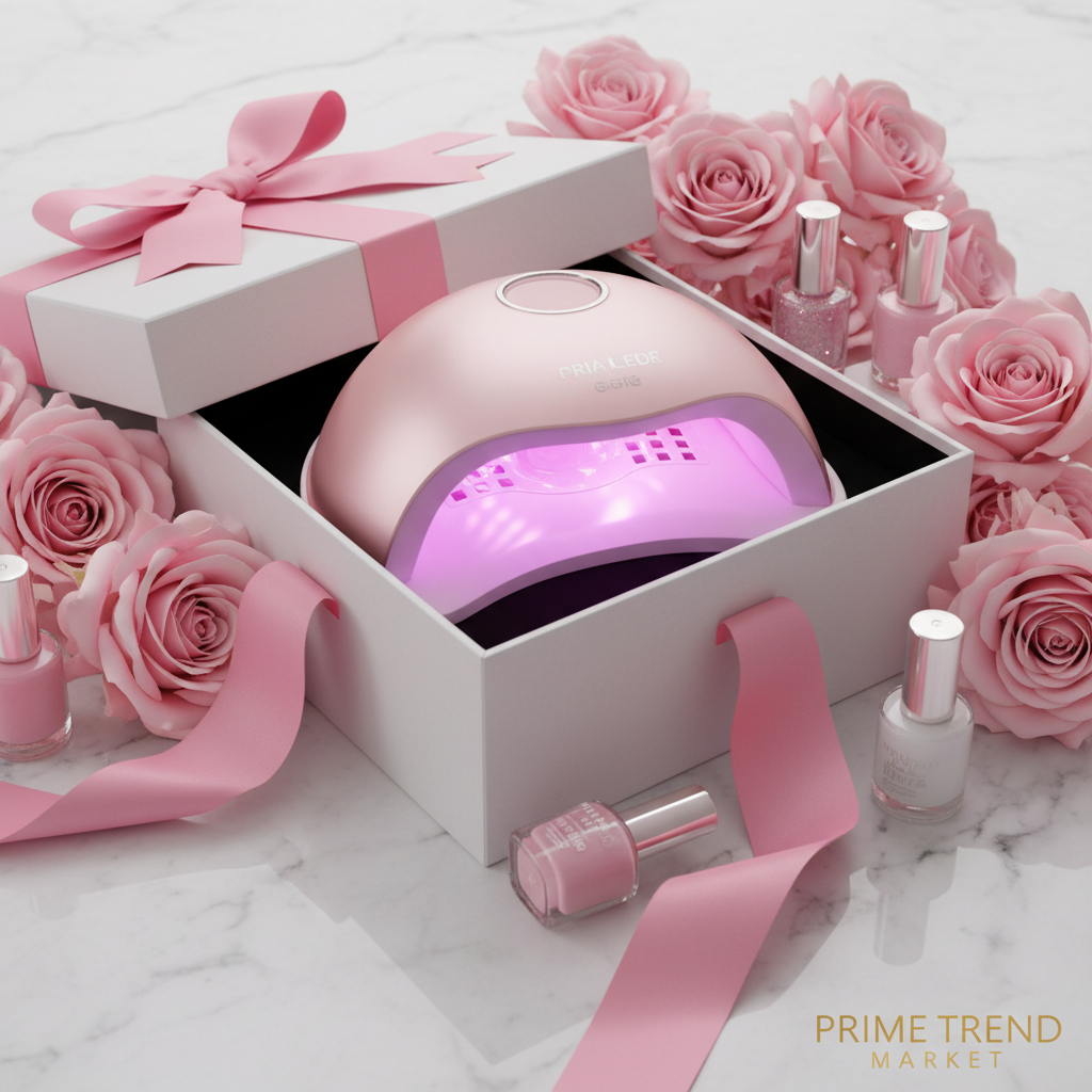 Pink UV LED nail lamp in white luxury gift box with pink satin ribbon and soft pink roses