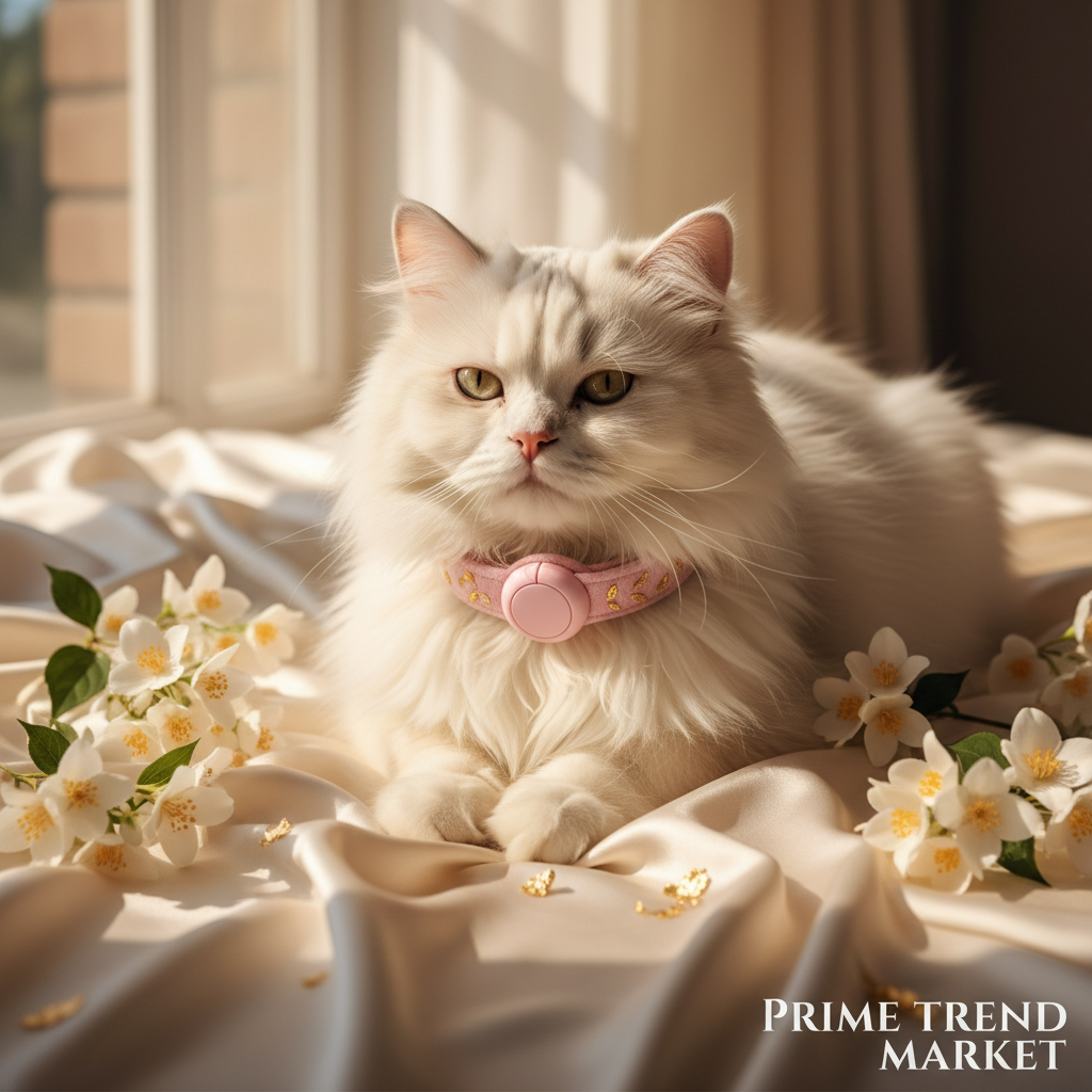 PawFind Anti-Loss FindMy Pet Collar pink worn by fluffy white Persian cat on cream silk with jasmine flowers