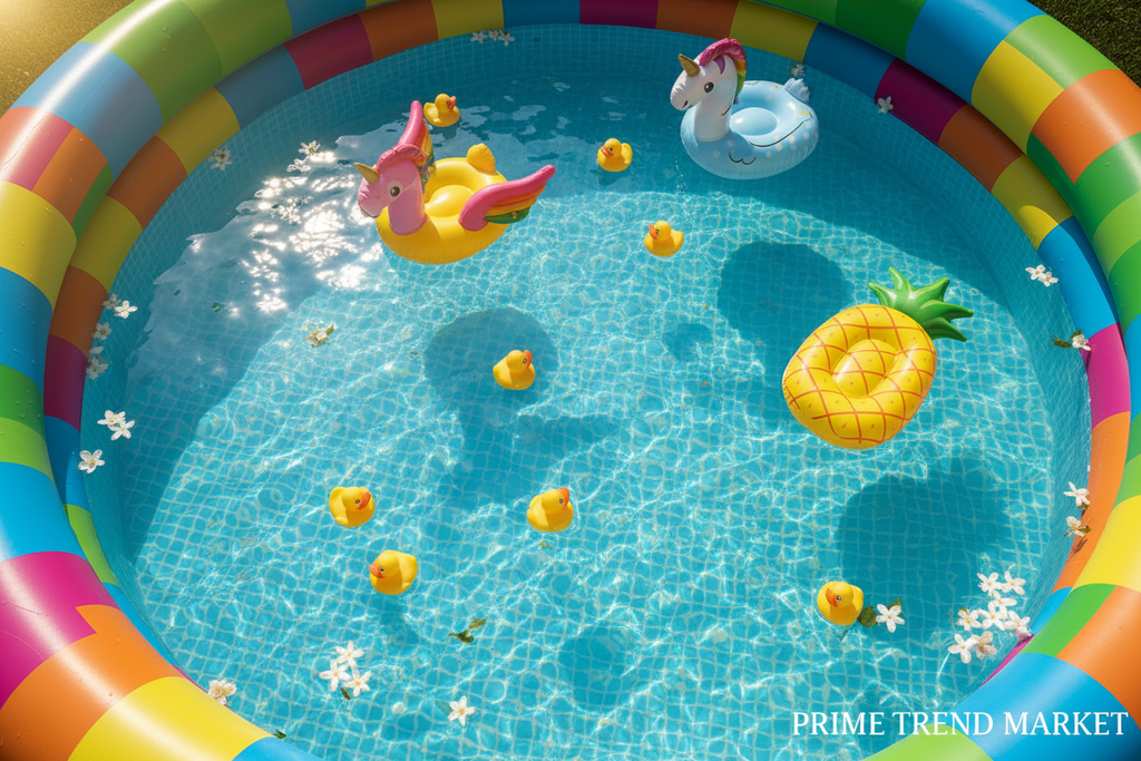 Aerial top-down view of colorful inflatable children's pool with toys