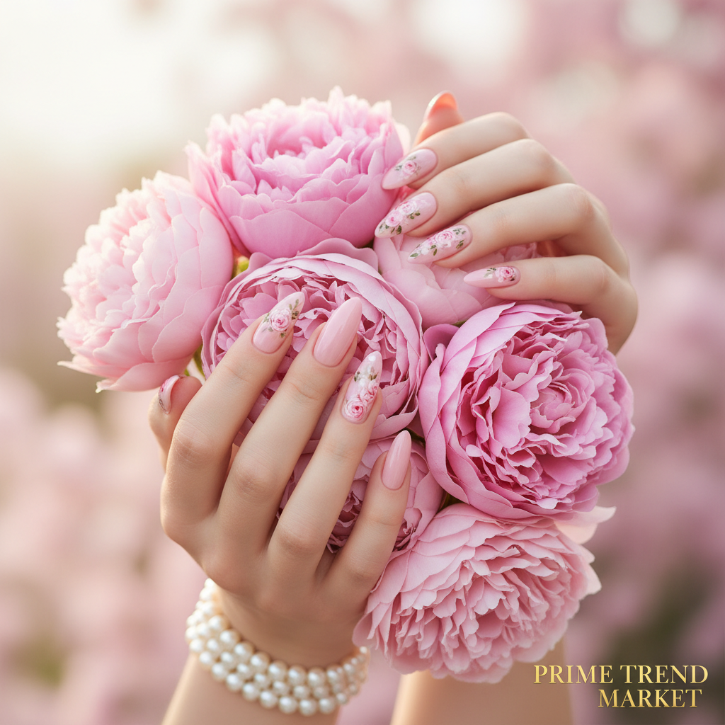 Woman's hands with long almond pink press on nails holding pink peonies