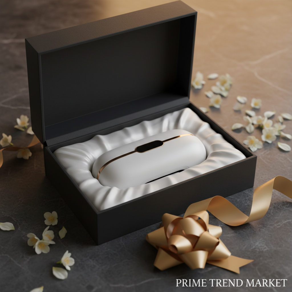 White luxury cervical massager in matte black gift box with jasmine petals and amber light