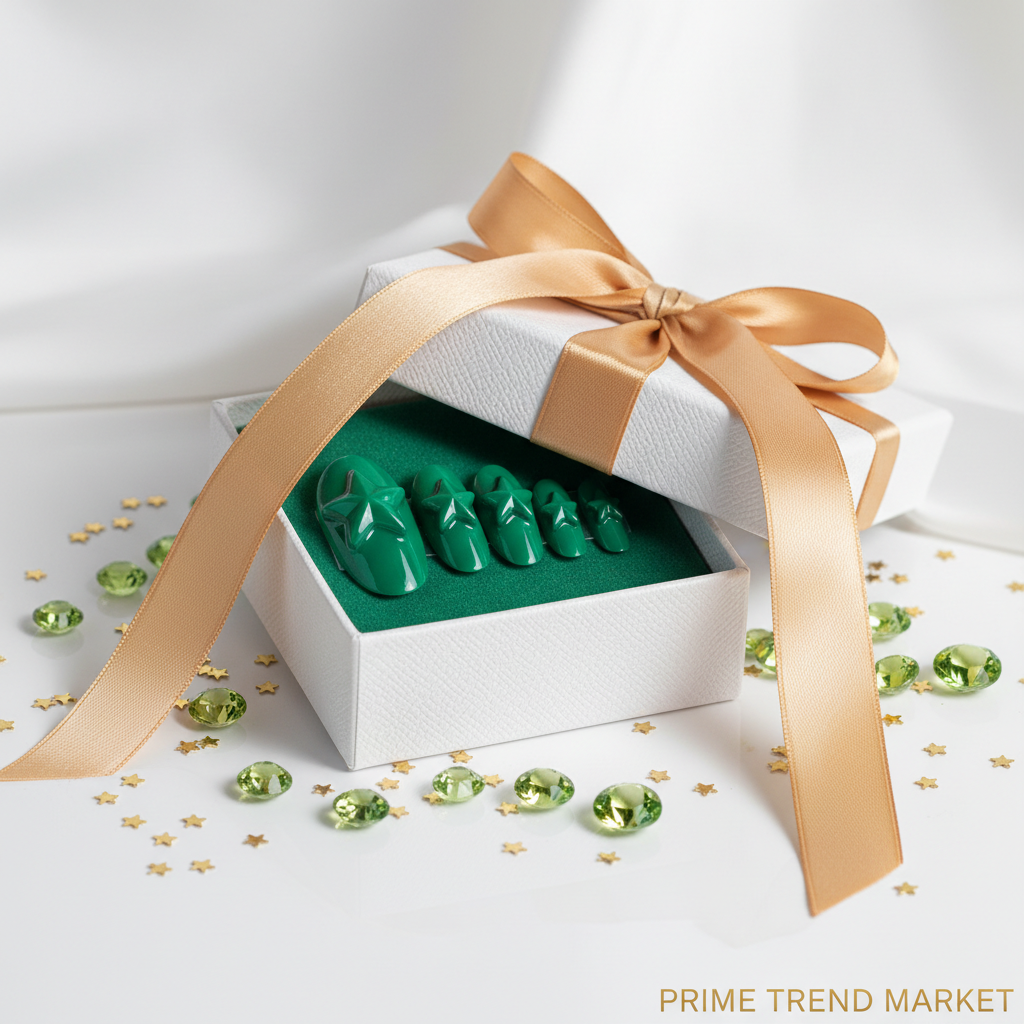 Green star press-on nails in white luxury gift box with gold ribbon and star confetti