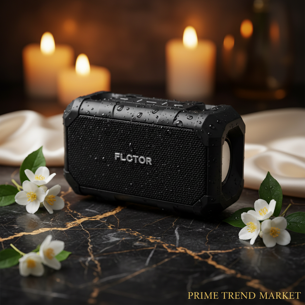 Portable Outdoor Waterproof Bluetooth Speaker - Black on marble with jasmine flowers