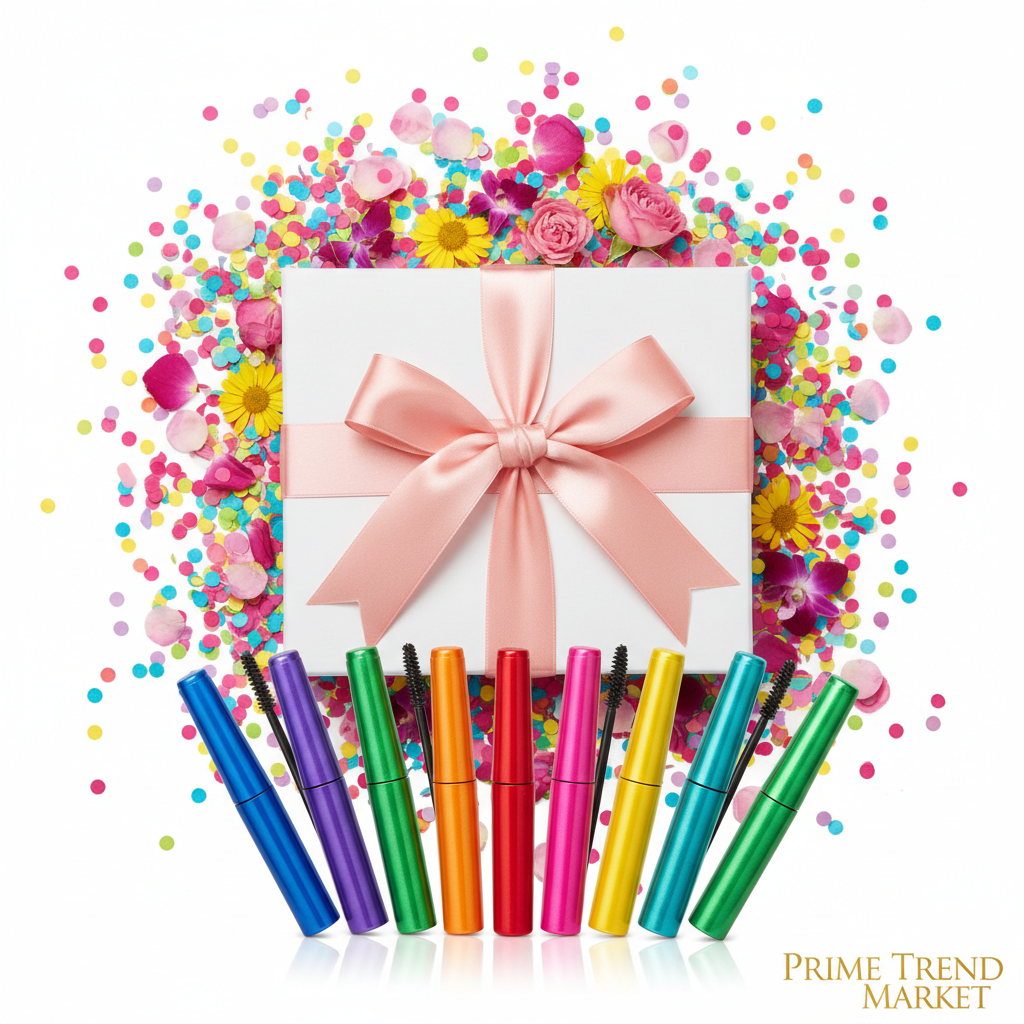 Complete colorful mascara set in premium gift box with pink ribbon and flowers
