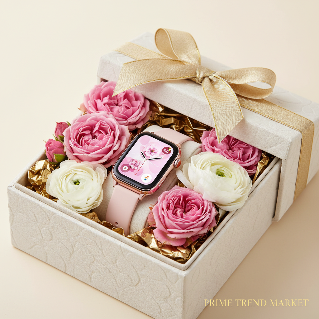 Pink smartwatch in luxury gift box with gold ribbon and pink roses — Prime Trend Market