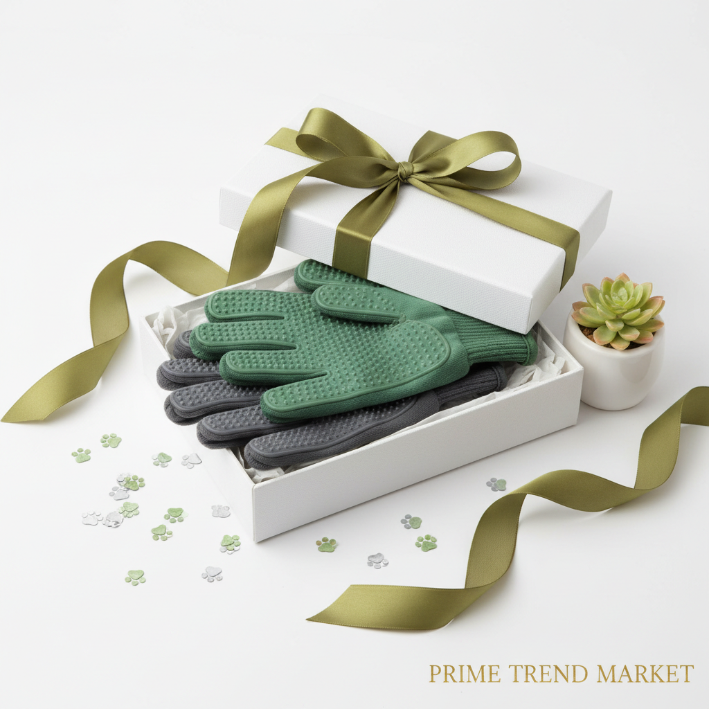 Gray and green pet grooming gloves set in white gift box with green ribbon and paw print confetti