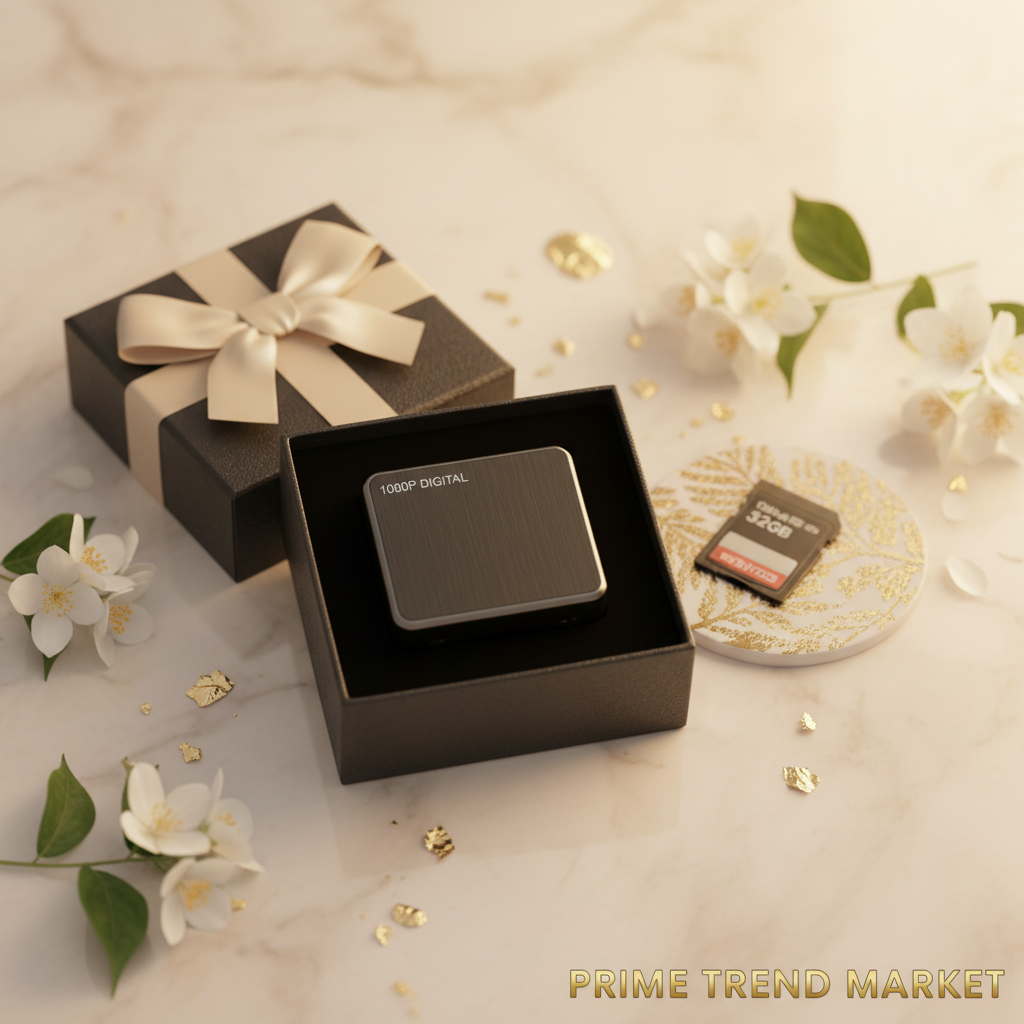 MiniShot gift presentation with 32G card on cream marble