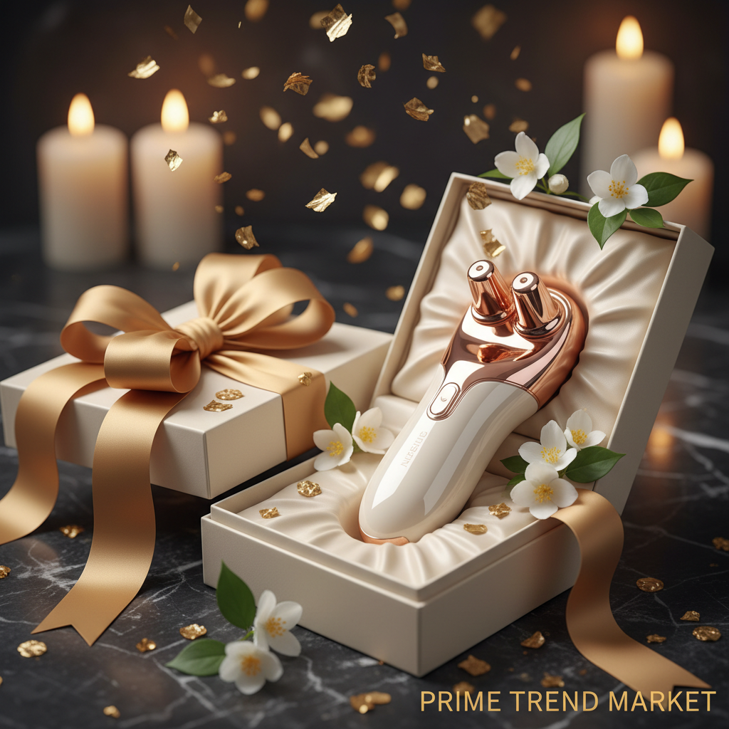 Luxury EMS Face Lift device in cream satin gift box with gold ribbon