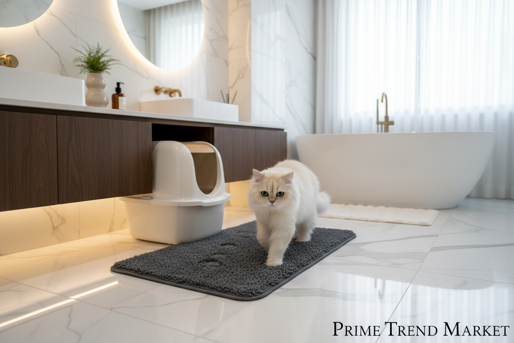 Fluffy cat stepping off gray litter mat in luxury bathroom lifestyle scene