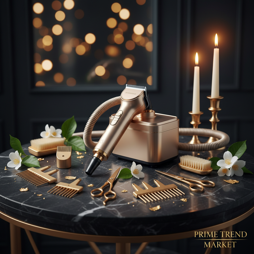 Luxury professional pet hair suction grooming kit on dark marble with jasmine flowers and gold accents