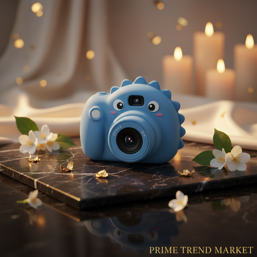 SnapPro Blue Dino camera on dark marble with jasmine