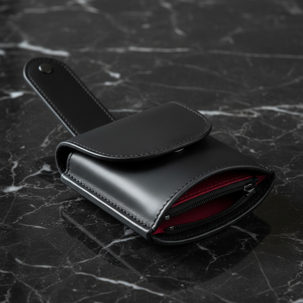 Close-up of black leather phone belt holster showing belt loop and wallet pouch detail