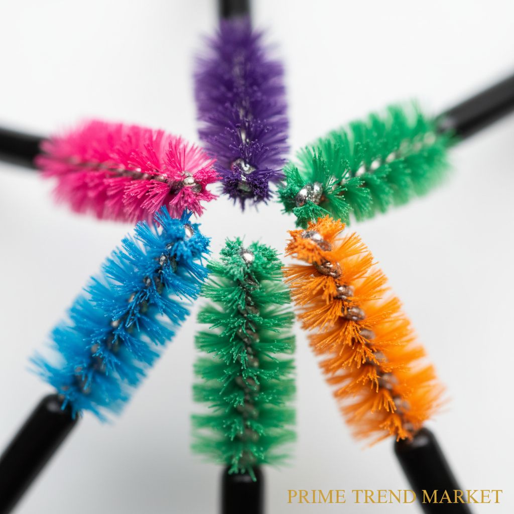Close-up of colorful mascara wands fanned out showing vibrant pink blue purple green orange bristles