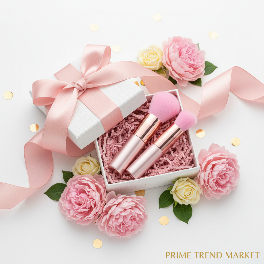 Pink 4-in-1 portable makeup brush set in white gift box with pink ribbon and flowers