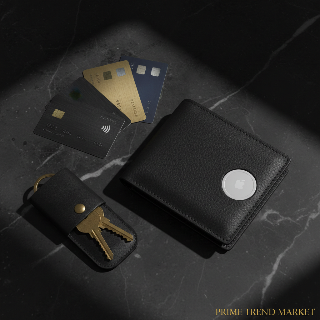 AirTag leather wallet flatlay on dark marble with AirTag and credit cards