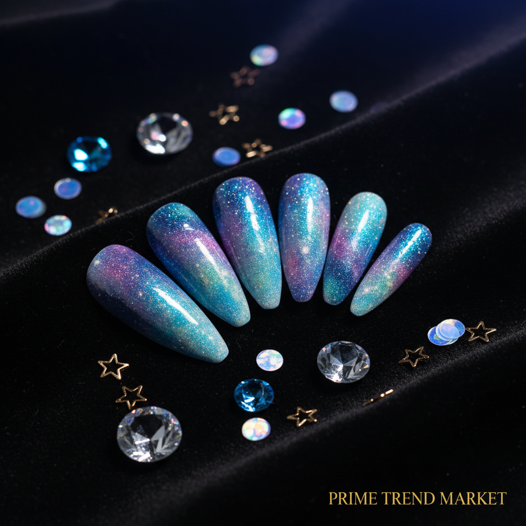 Nebula Glint press on nails fanned out on black velvet with crystals and stars