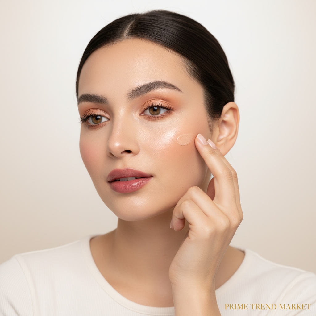 Woman applying cream blush with fingertip