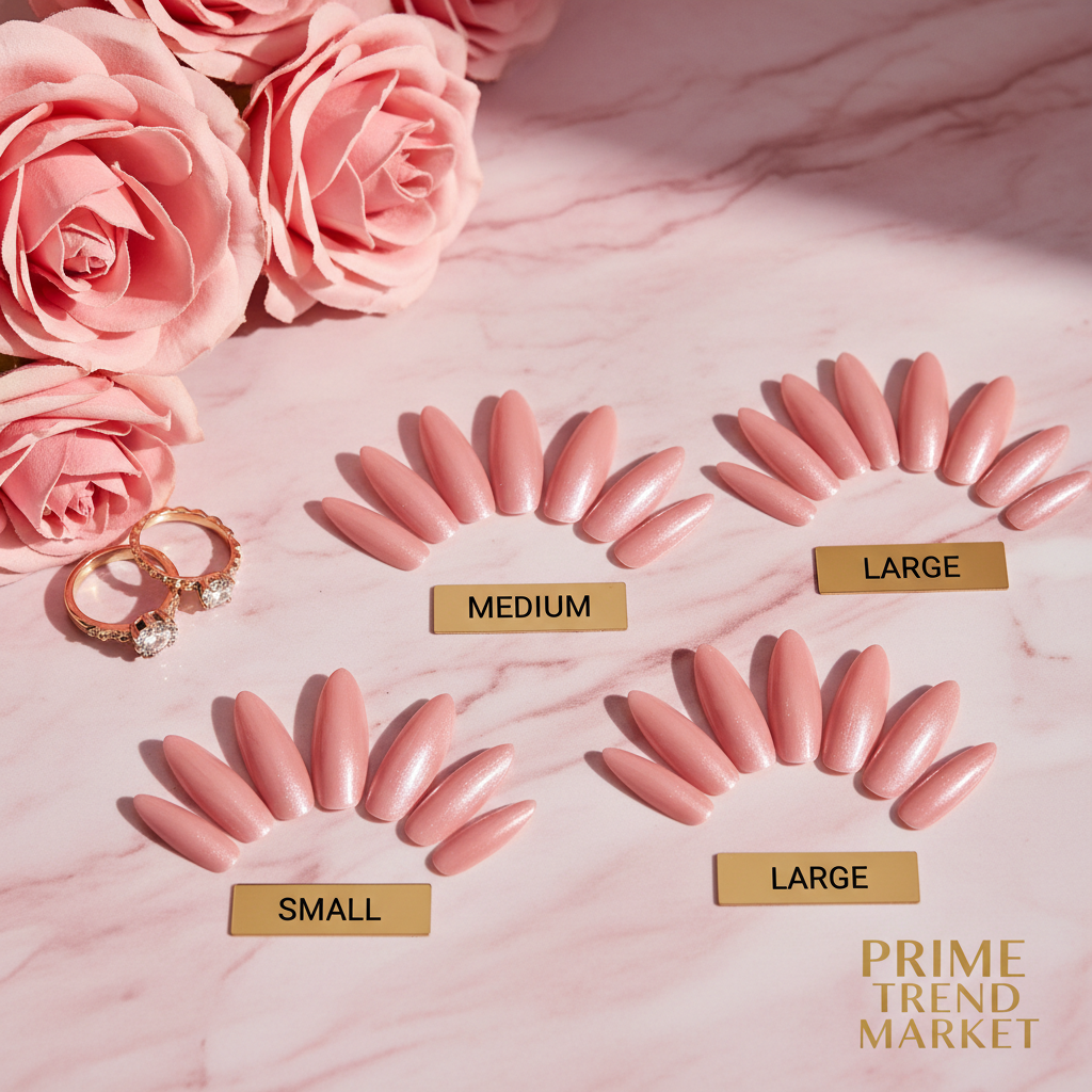 Three sizes S M L long almond pink press on nails fanned out on pink marble