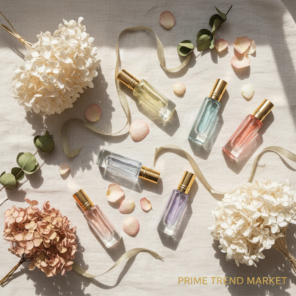 Flat lay of 6 travel perfume bottles with dried flowers and gold ribbon