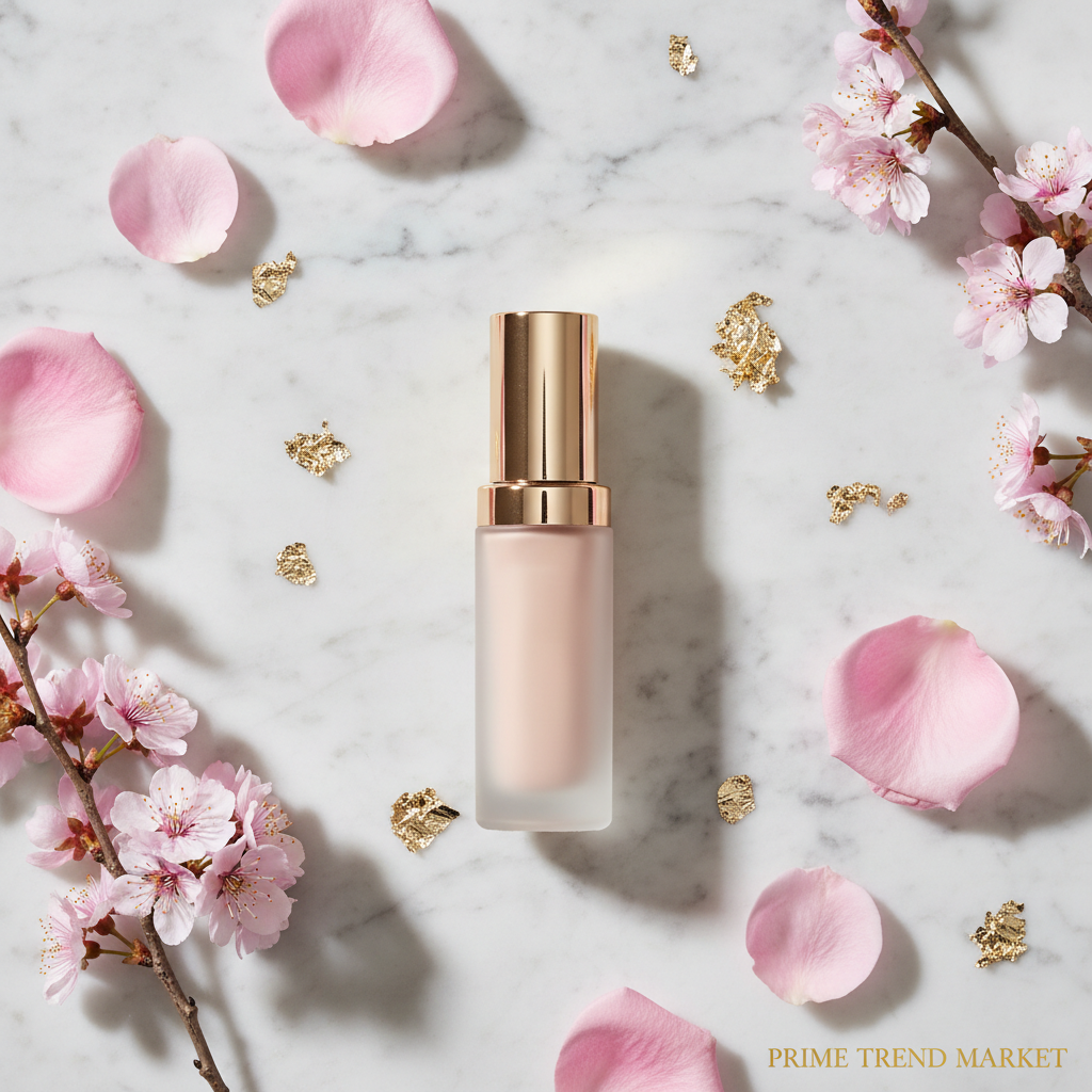 PHOFAY Hydrating Makeup Primer flat lay on marble with rose petals and gold leaf accents