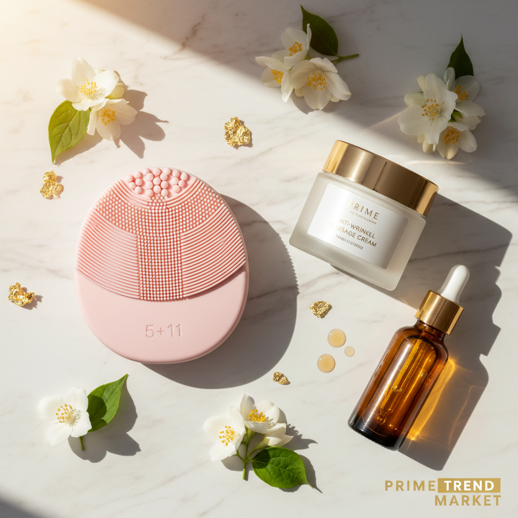 Luxury 5-in-1 Silicone Facial Cleansing Device full ritual bundle flatlay with massage cream and oil