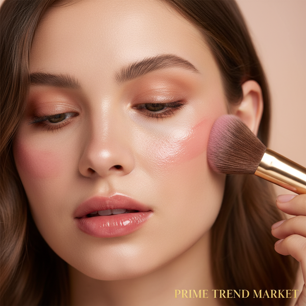 Woman applying glossy blush to cheeks with natural rosy flush