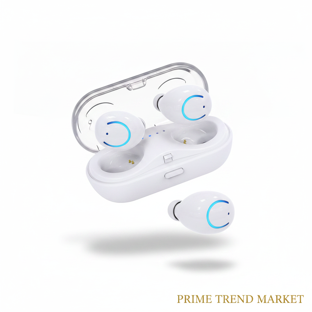 White TWS earbuds in charging case on clean white background — Prime Trend Market