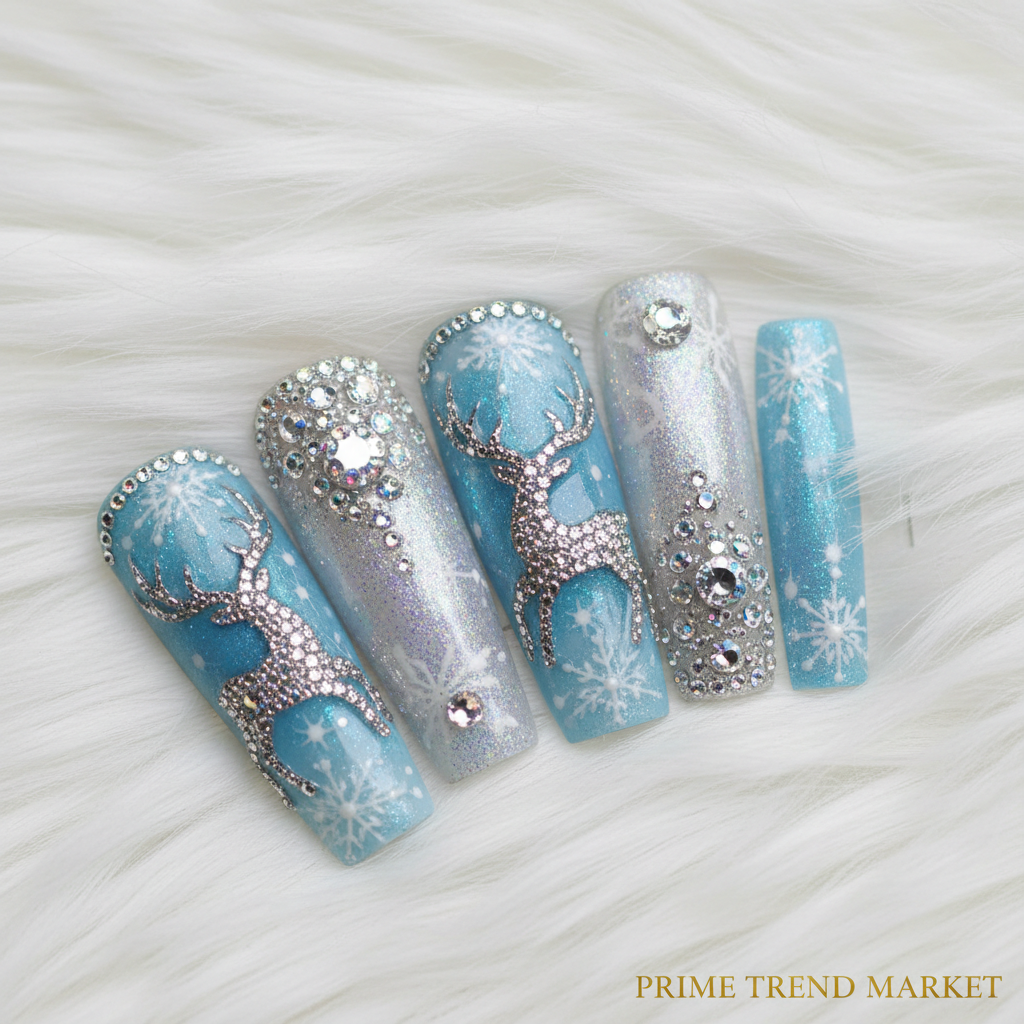 Close-up macro diamond deer snowflake nail art crystal rhinestone details