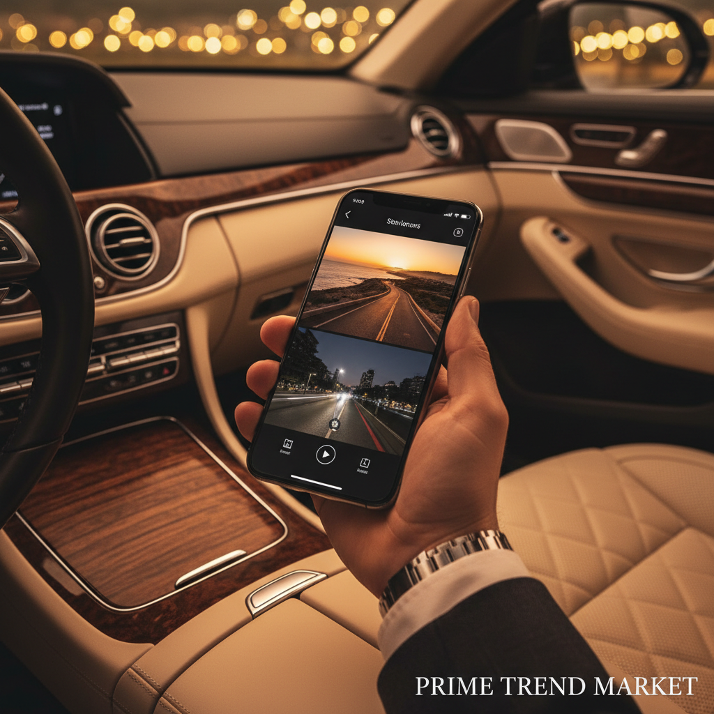Person viewing DashShot footage on smartphone in luxury car