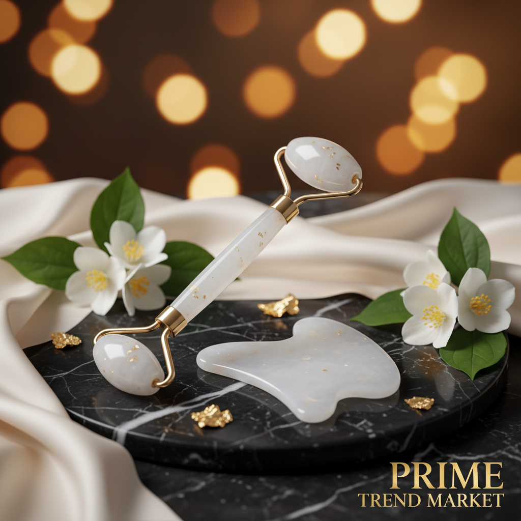 Luxury Crystal Gua Sha and Jade Roller Spa Set on dark marble with jasmine flowers