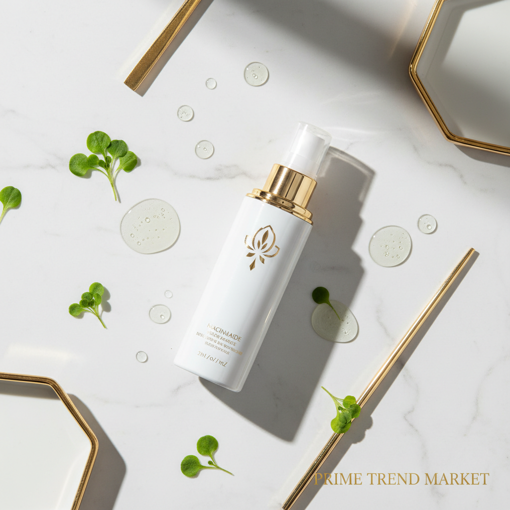 Niacinamide Hair Setting Spray ingredient flat lay with botanicals on white marble - Prime Trend Market