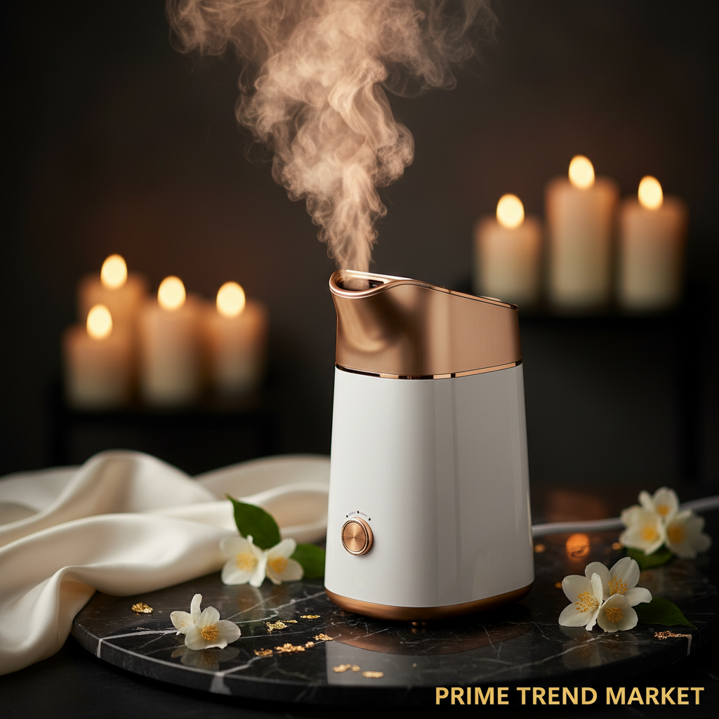 Luxury Hot Steam Facial Mist Steamer on dark marble with jasmine and gold leaf