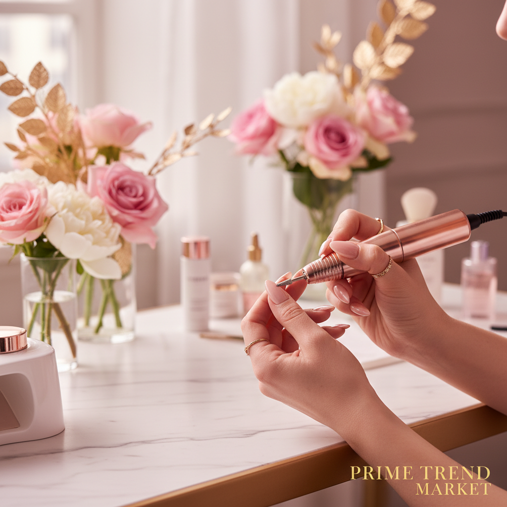 Woman using rose gold nail drill at luxury vanity