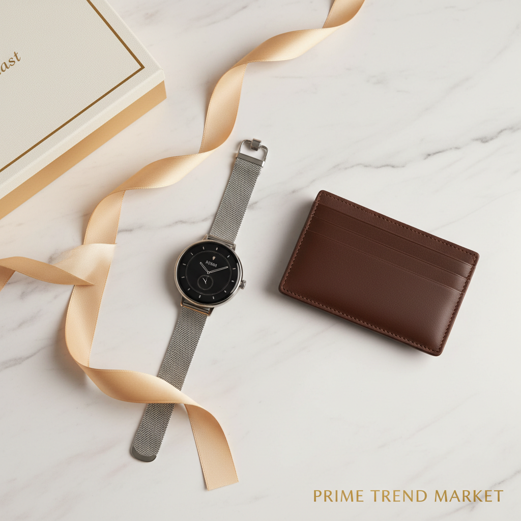 Luxury flat lay smartwatch and wallet on marble
